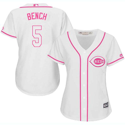 Reds #5 Johnny Bench White/Pink Fashion Women's Stitched MLB Jersey - Click Image to Close